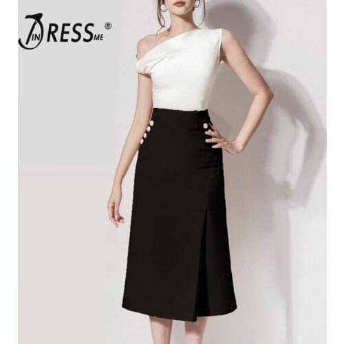 INDRESSME 2019 New Two-piece Set One Shoulder Irregular Neck Sleeveless Top Pearl A Line Ankle Skirt Women Party Hot Sets