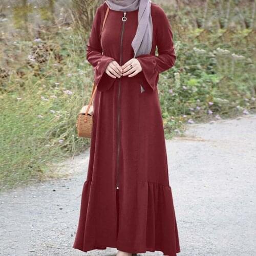 ZANZEA Women Retro Sundress Fashion Muslim Dubai Robe Kaftan Flare Sleeve Flounce Dresses Casual Crew Neck Abaya Maxi Dress
