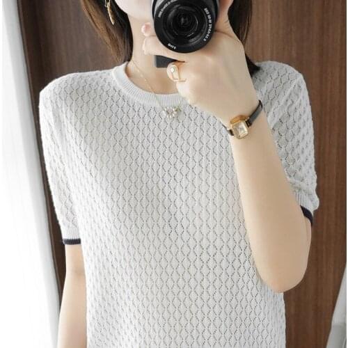 Pure cotton half-sleeved round neck 2021 summer new womens casual age-reducing thin hollow knit short-sleeved top