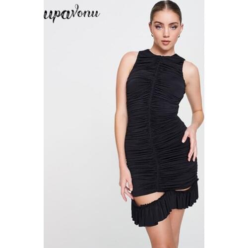 Free Shipping Chic Women Draped Dress Sexy O-neck Sleeveless Bodycon Ruffled Dress 2021 New Celebrity Club Evening Party Vestido