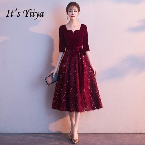 Prom Dresses Burgundy Its Yiiya BR331 Square Collar Velour Sequin Patchwork Vestido De Festa Half Sleeve Tea Length Prom Dress