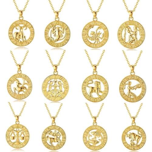 Gold Coin 12 Zodiac Sign Necklace For Women Leo Capricorn Sagittarius Virgo Gemini Aries Aquarius Necklaces BFF Constellation