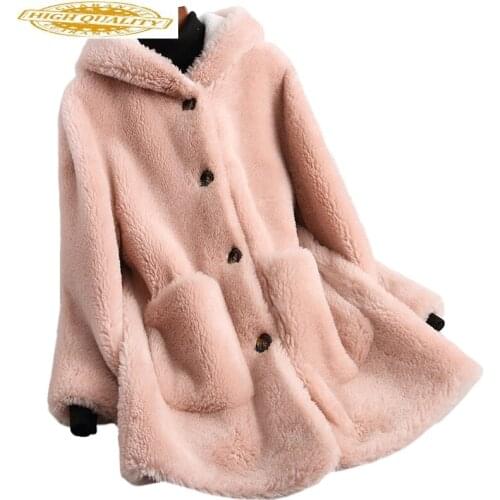 100% Real Wool Fur Coat Female Sheep Shearing Coats Hooded 2020 Long Warm Winter Jacket Women Outerwear 18135 WYQ2026
