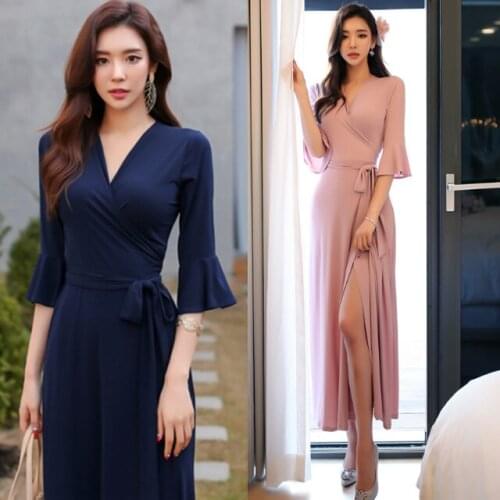 2020 Fashion Half Sleeve V Neck Maxi Modal Dresses Women Sexy V Neck Split Dresses Lady Slim Body Sexy Modal Wrap Dresses