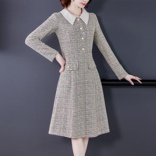 2020 New Autumn Winter Tweed Dress Women Vintage Wool Dresses Women Elegant Doll Collar Long Sleeve Woolen Vestidos