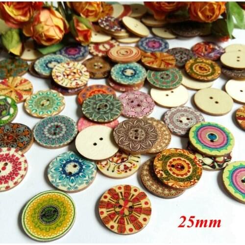 50PCs/lot 25mm Vintage Colorful Flowers Buttons Mix Colorful buttons decoration Scrapbooking 2 Holes Painting Buttons For Craft
