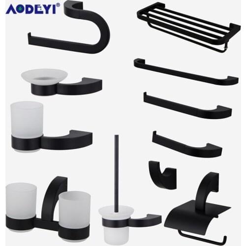AODEYI Black Bathroom Accessories Robe Hook Towel Bar Ring Paper Holder Soap Dish Toilet Brush Holder Bath Hardware Kit Set