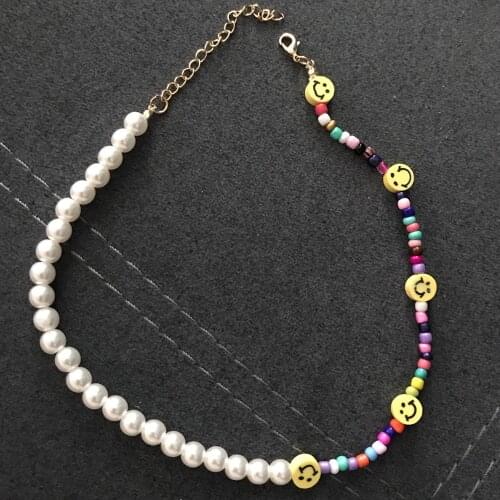 Boho Colorful Smiley Baroque Pearl Choker Beaded Necklace For Women Heart Bear Rainbow Clay Beads Happy Face Jewelry New Trend
