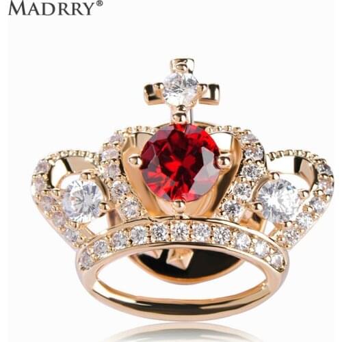 Madrry New Design Crown Brooches For Women Sweater Collar Clips Red Zirconia Gold-color Copper Broches Hijab Pins Wedding Bijoux