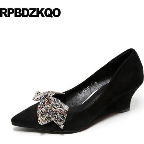 Black wine red high heels female pumps pointed toe size 33 8cm diamond suede rhinestone bow cheap wedge crystal shoes women 2019