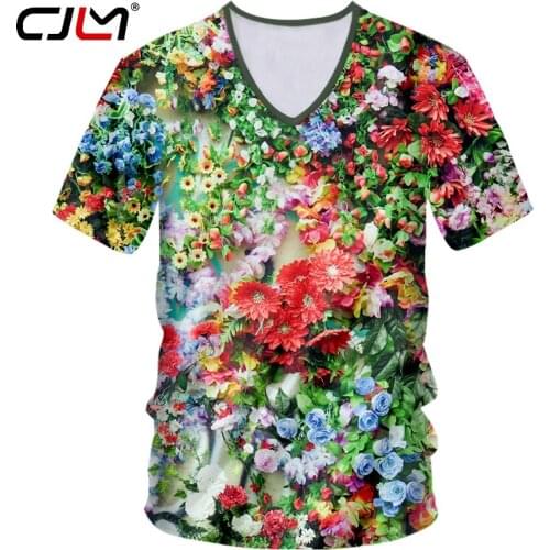 CJLM V neck T shirt Man Deep Short Sleeve 3D Printed Flowers beautiful Streetwear Oversized Garment Hombre Tee Shirt