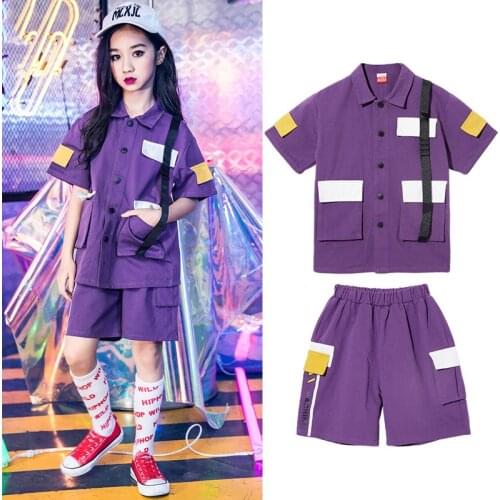 Kids Hip Hop Clothing Girls Overalls Shirts Shorts Street Dance Outfit Jazz Drum Performance Purple Suit Rave Costume BL6945