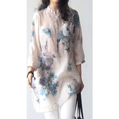 Cotton Linen Shirts Vintage Women Floral Print Blouses Casual Loose Tops Female Long Sleeve Shirt Blusas Tunic Chinese Style