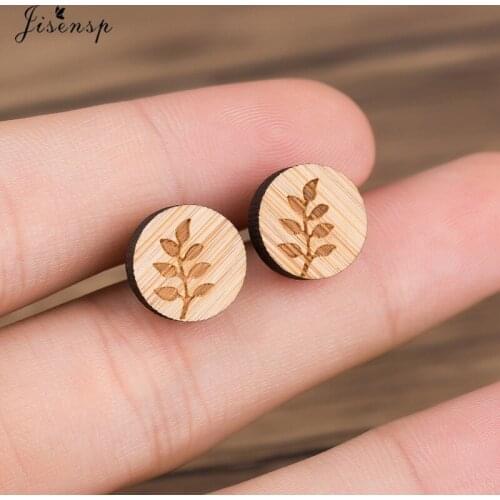 Jisensp Simple Fashion Leaf Seedlings Stud Earring Wooden Jewelry for Women Kids Geometric Round Ear Studs Party Gift bijoux