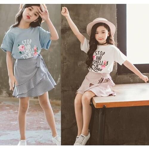 Flower Girls Clothing Set Fashion Cotton Letter T-Shirt + Stripe Skirt 2Pcs Suit For GIrl Children Birthday Present Kids Clothes