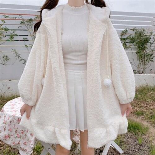 Japanese Women Autumn Winter Jacket 2021 Girls Sweet Kawaii Soft Bunny Ears Zip Up Cardigan Coat Fuzzy Plush Hooded Warm Outwear