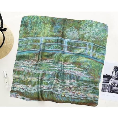 Claude Monet Water Lilies Oil Paint Silk Square Bandana Scarf Women Foulard Hijab Head Female Neck Hair Tie Silk Scarves Shawls