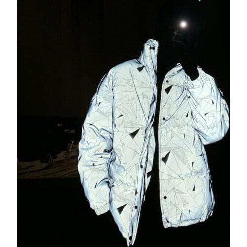 2020 Winter Coat Mens Glossy Reflective Thicken Winter Hip Hop Cotton Coat Teen Harajuku Printing Collar Street Luminous Jacket
