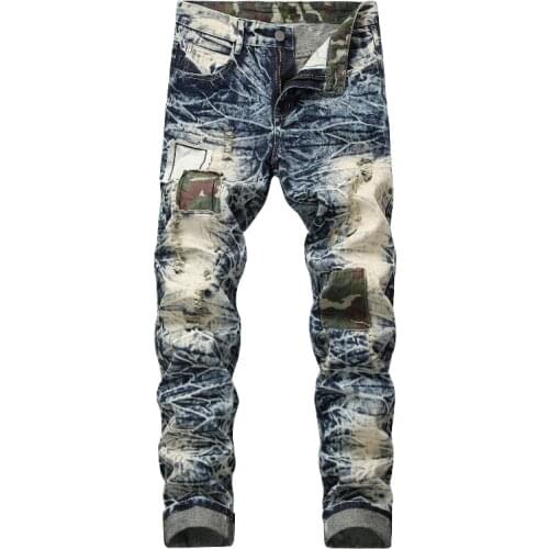 Mens Vintage Distressed Jeans Water Wash Bleached Patchwork Ripped Hole Camouflage Male Cotton Comfortable Denim Pants