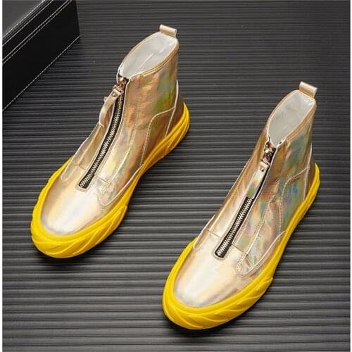 Spring New Designer Ankle Boots Men Gold Silver Zipper Platform Shoes Causal Flats Moccasins Luxury Punk Rock Walking Sneakers