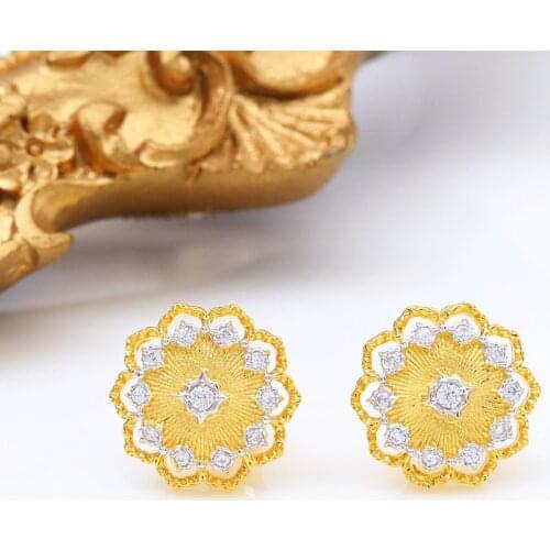 Genuine Gold Plated Fabric Filigree Flower Stud Earrings 925 Silver Elegant Blossoms CZ Earring Renaissance Jewelry C11E4S25168