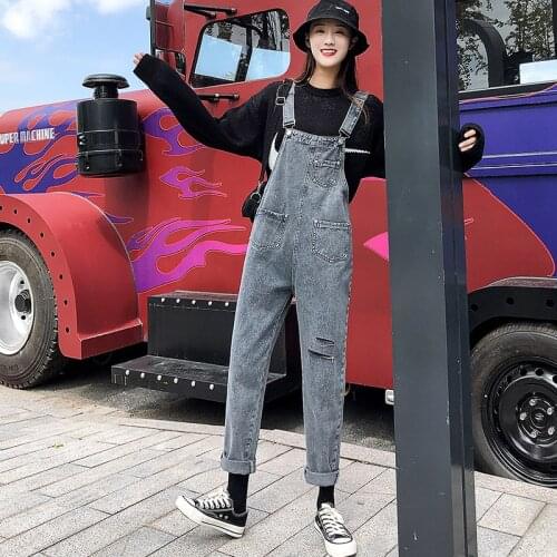2021 New Women Baggy Bib Jeans Overalls Fashion Casual Denim Straight Pants Jumpsuit Female Brand Retro Grey Loose Hole Trousers