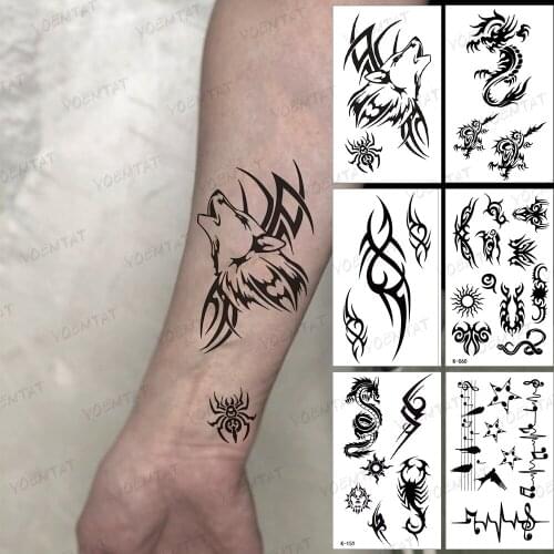 Waterproof Temporary Tattoo Sticker Wolf Lightning Scorpion Dragon Wing Music Black Tatoo Arm Hand Fake Tattoos Man Woman Child