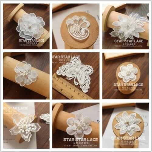 Iron Sew On Pearl Lace Embroidered Patches White Organza Flower Butterfly Appliques DIY Wedding Veil Decoration Jewelry Material