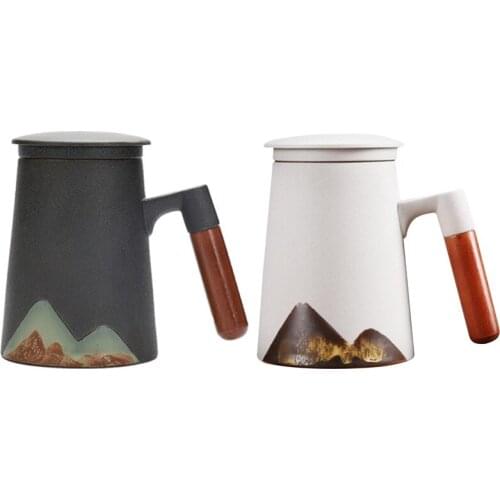 HOT-420Ml Retro Ceramic Mug Office Water Cup with Lid Cup and Mug with Wooden Handle Birthday Gift Box