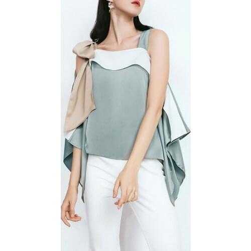 2021 New Patchwork Bowknot Ruffle For Female Shirts Sleeveless Square Collar Off Shoulder Irregular Womens Shirt Fashion New