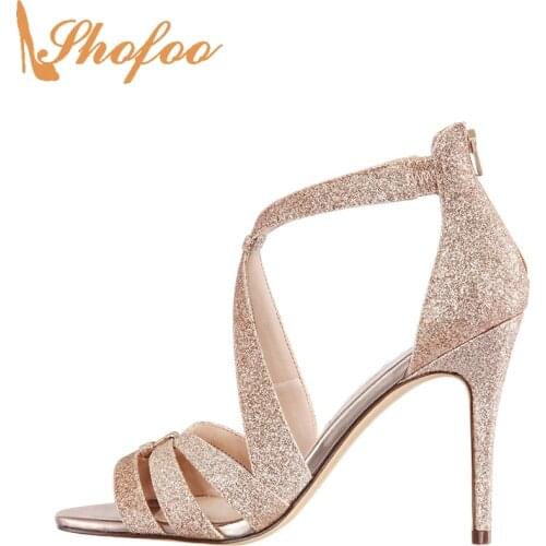 Beige Glitter High Thin Heels Sandals Woman Sequined Cloth Large Size 12 15 Ladies Fashion Crisscross Straps Mature Shoes Shofoo