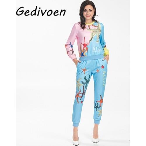 Gedivoen Fashion Runway Autumn Winter Pants Suits Womens Starfish Printing Crystal Beading Casual Motion Two Piece Set Female