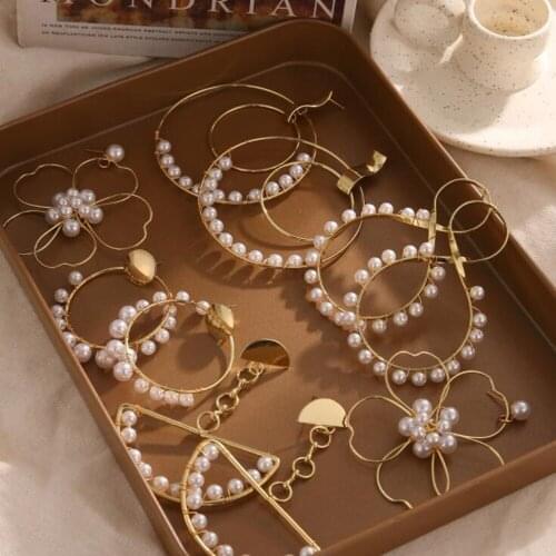 DIEZI Korean Fashion Flower Round Imitation Pearl Drop Earring for Women Wedding Girls Geometric Circle Earrings Ladies Jewelry