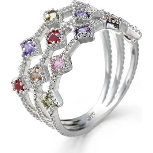 2019 new fashion 925 Sterling silver Rings women wedding three layers colorful Cubic Zircon Luxury bridal Plata bride jewelry