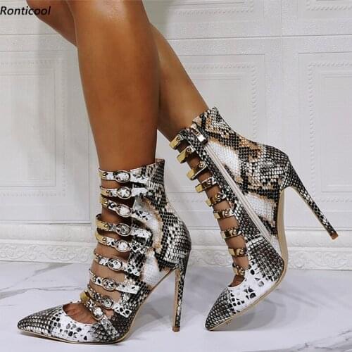 Ronticool Women Spring Pumps Buckle Strap Sexy Snake Stiletto Heel Pointed Toe Gorgeous Black Party Shoes US Plus Size 5-15