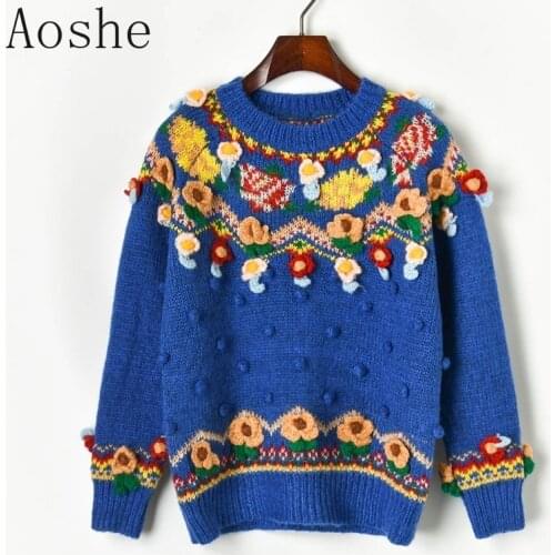 Hand Crochet Jacquard Women Sweater Loose Pullovers 2020 Fall Winter Thick Christmas Sweaters 3D Flowers Knit Tops Sueter Mujer