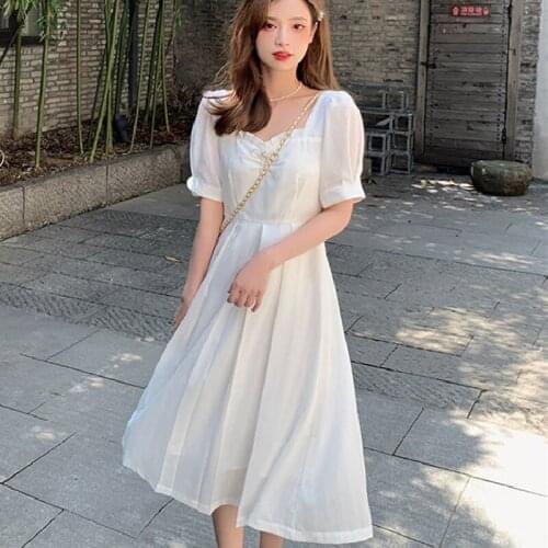 Korean Office Lady V-neck White Elegant Dresses Women Short Sleeve Thin Casual Dress Summer Outfits for Females One Piece Dress