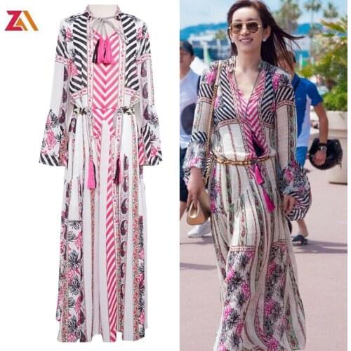ZALady designer runway loose maxi dresses for women vintage floral printed long sleeve beach Bohemia Drawstring dress femme robe