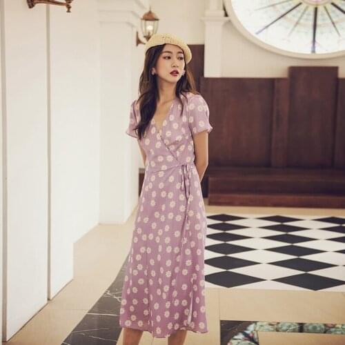 Floral Printed Robe Summer Dress Short Sleeve v Neck Party Dress Purple Romantic Long Dress Beach Boho Vintage