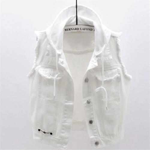 White Black 2021 Spring New Solid Color Streetwear Fashion Loose Wild Outgoing Vest Female Denim Vest Hooded Sleeveless Jacket