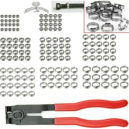 130pcs 7-21mm Stainless Steel Single Ear Hose Clamps Ear Clamp Set Ear Clamp Pliers, Clamp Crimper Hand Crimping Tool Kit
