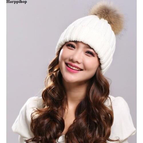 2017 Winter Brand New Colorful Snow Caps Wool Knitted Beanie Hat With Raccoon Fur Pom Poms For Women Men Hip Hop Skullies Cap