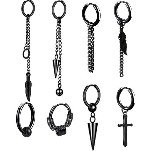 8 Pcs Hoop Dangle Earrings For Mens Women Stainless Steel Chain Kpop Earrings Dangle Hinged Hoop Earrings