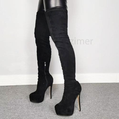 BERZIMER Women Thigh High Platform Boots Black Suede Heels Over Knee Boots Zapatos Mujer Black Shoes Woman Large Size 39 47 52