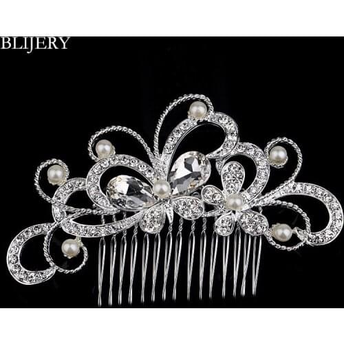 BLIJERY Classic Pearl Crystal Bridal Hair Combs for Women Silver Color Butterfly Wedding Hair Jewelry Accessories Brides T