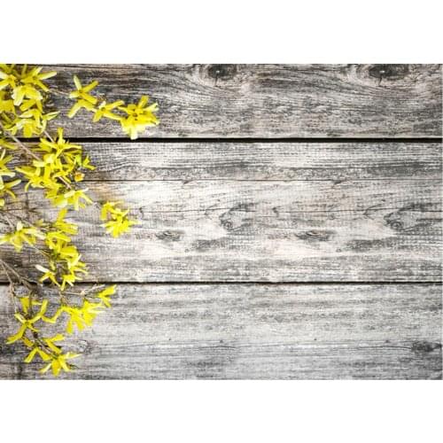 Planks Backdrop Yellow Flowers and Gray Wooden Board Photography Background Holiday Celebration Photo Booth Studio Decor