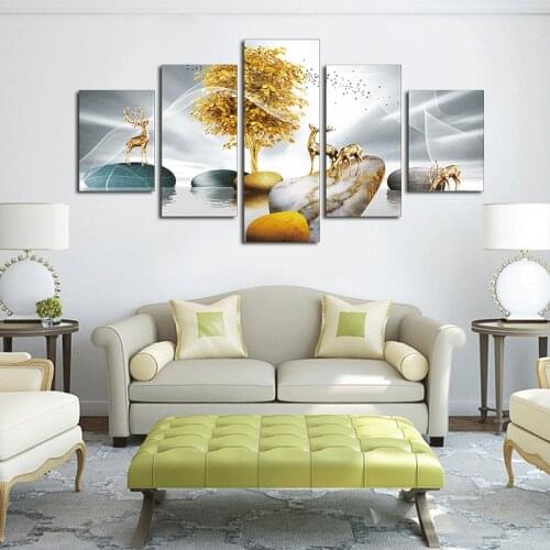 Unframed 5 Pieces Golden Tree Deer Stone Canvas Painting Prints Luxury Wall Decorative Posters Modern Modular Picture Home Decor