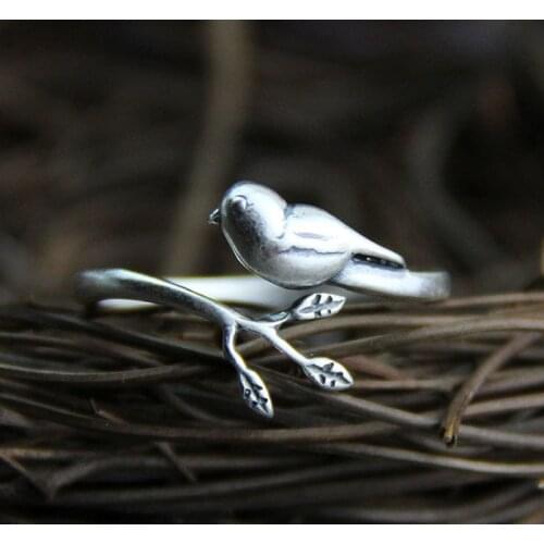 Solid 925 Sterling Silver bird leaf Branch VINTAGE Wrap ring rings A2414