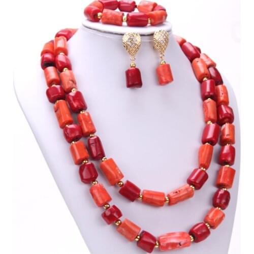 Newest Dudo African Original Red and Orange Coral Beads jewelry Set Costume Nigerian Jewelry Set For Women 2021