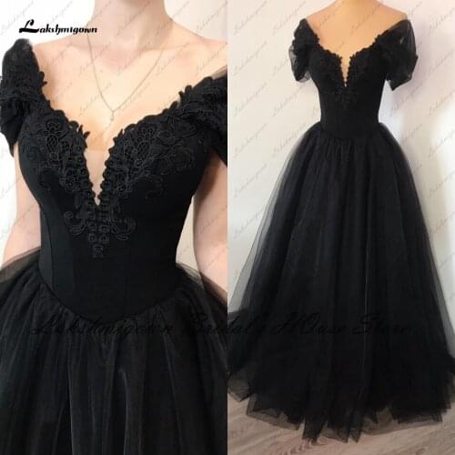 Lakshmigown Princess Women Black Wedding Dress Scoop 2022 Vestidos Sexy Bridal Gown Lace Up Back Wedding Dinner Party Dresses